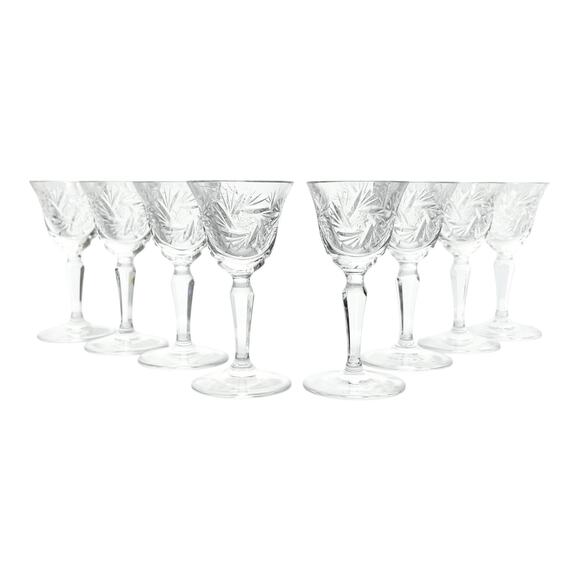 1950s Vintage Swirl Star & Fan Cut 8 Crystal Liqueur Cordial Glasses 3 5/8” 1oz - Picture 1 of 7